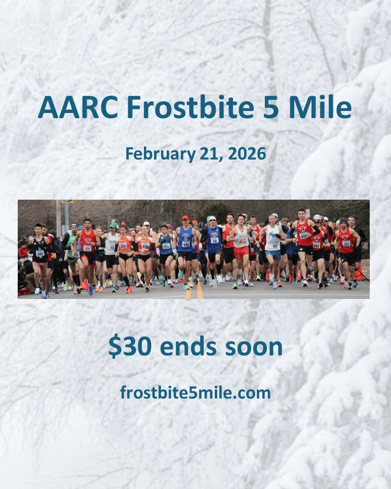 Promotional graphic for the AARC Frostbite 5 Mile showing a snowy background, the race date of February 21, 2026, and a large photo of runners starting the race. Text reads “$30 ends soon” and includes the website frostbite5mile.com.