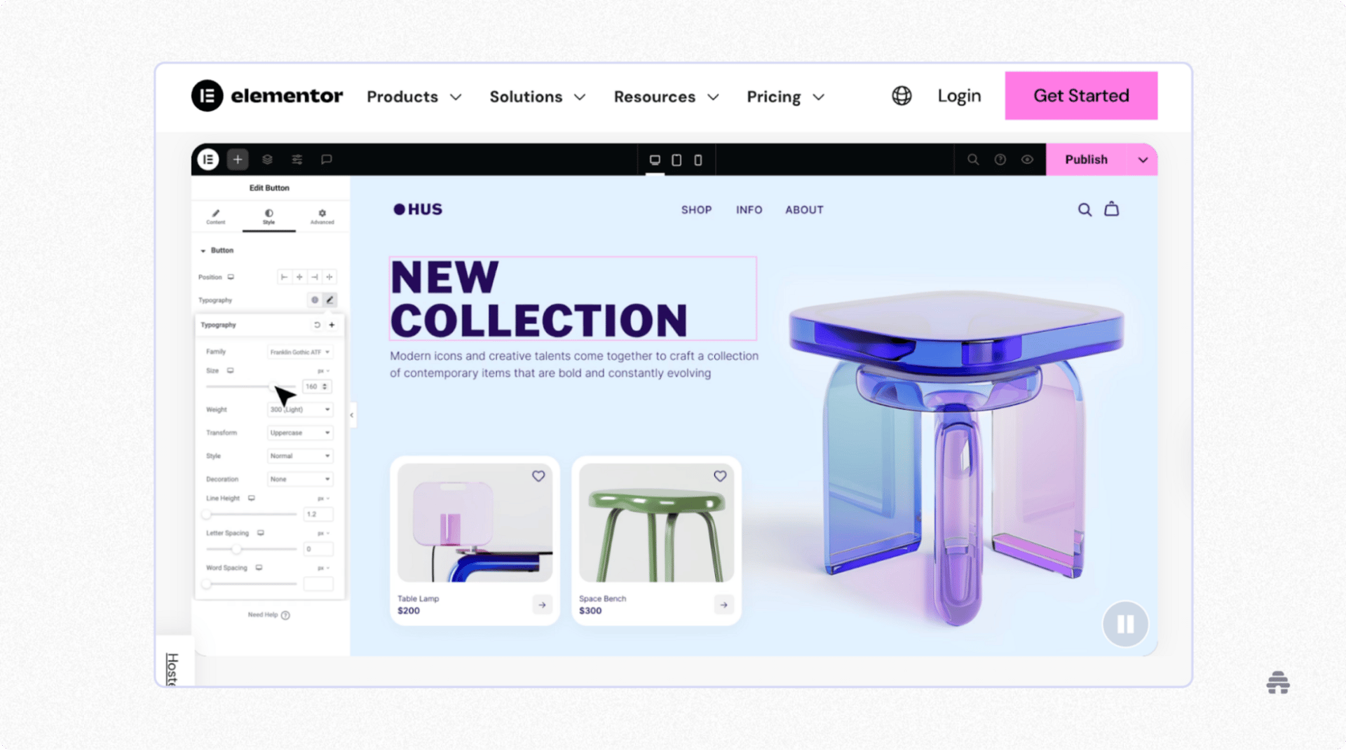 Elementor website builder interface displaying a modern product page design for a “New Collection,” showcasing customizable typography tools and product previews for furniture items.
