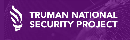 "Logo of the Truman National Security Project, featuring a white torch icon and bold white text on a purple background."