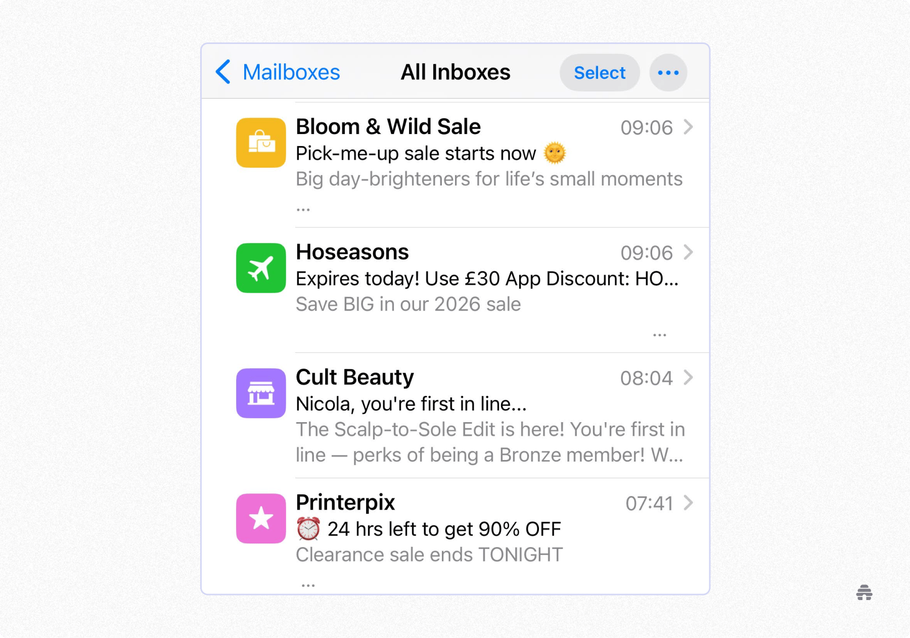 Mobile email inbox showing multiple promotional newsletters with time-sensitive subject lines and previews. Used by beehiiv to illustrate how subject lines and timing compete for attention in crowded inboxes.