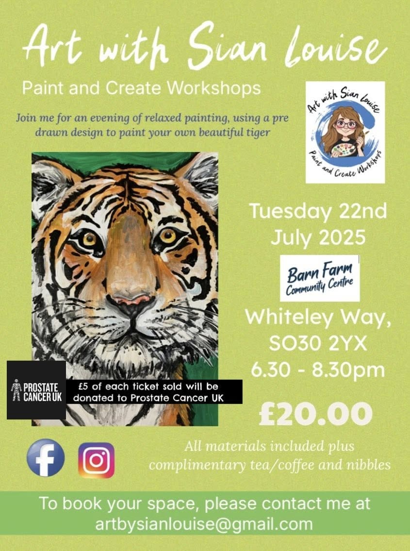 Art with Sian poster, including a painting of a tiger's face on a green background
