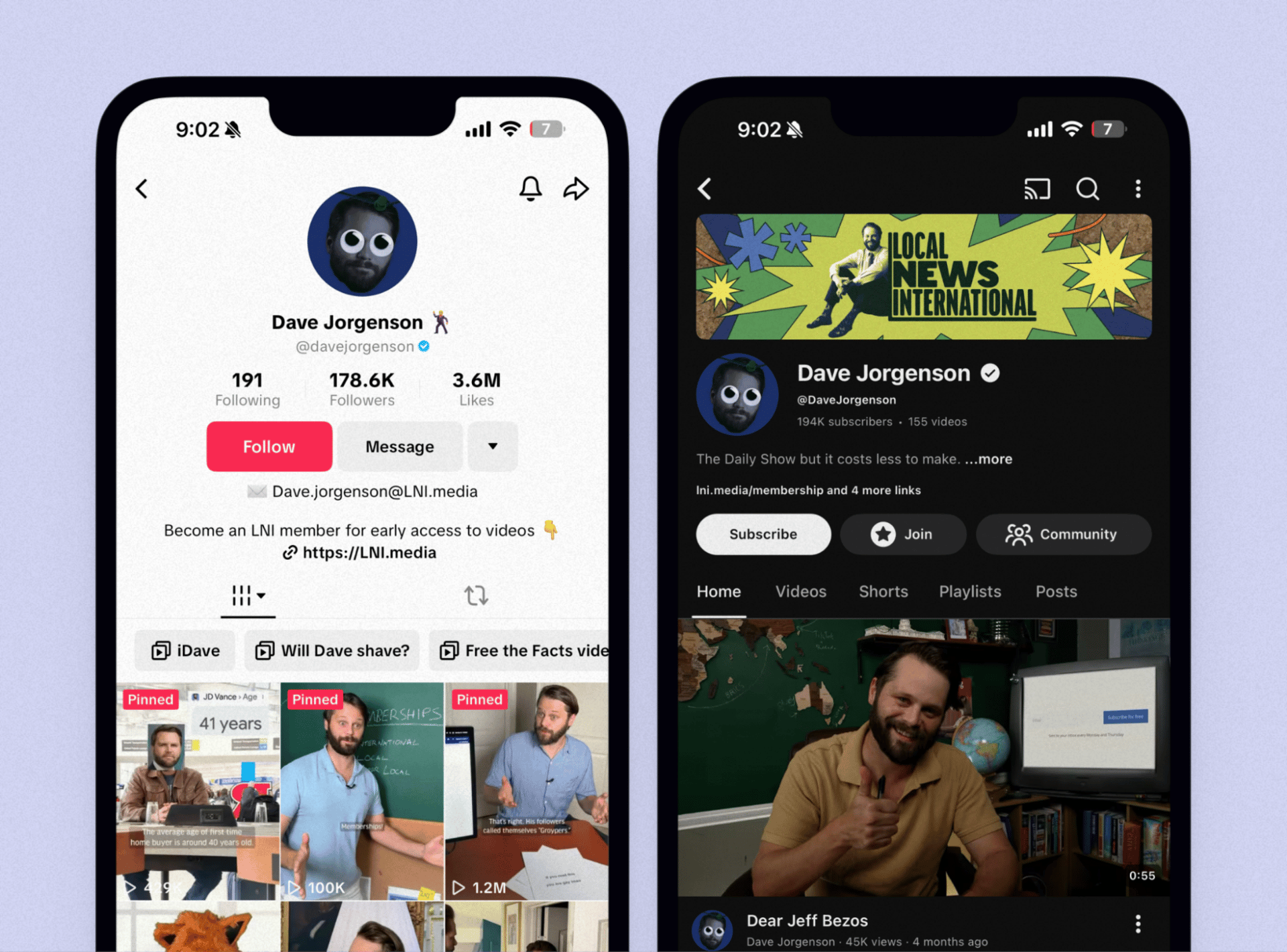 Side-by-side screenshots of creator Dave Jorgenson’s TikTok and YouTube profiles, showing his follower growth, video content, and links promoting his Local News International brand.