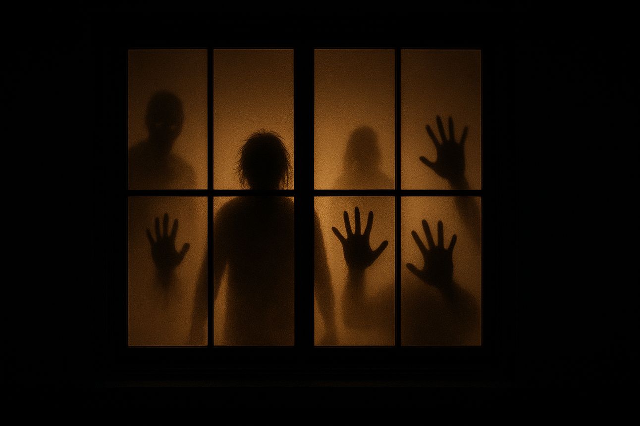A dark window at night with eerie full-body silhouettes of zombies or ghosts and outstretched hands pressed against the glass, backlit by a dim amber glow.