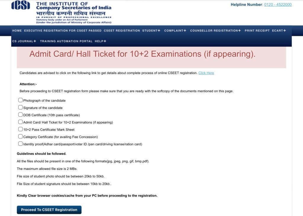 CSEET Exam Required Documents