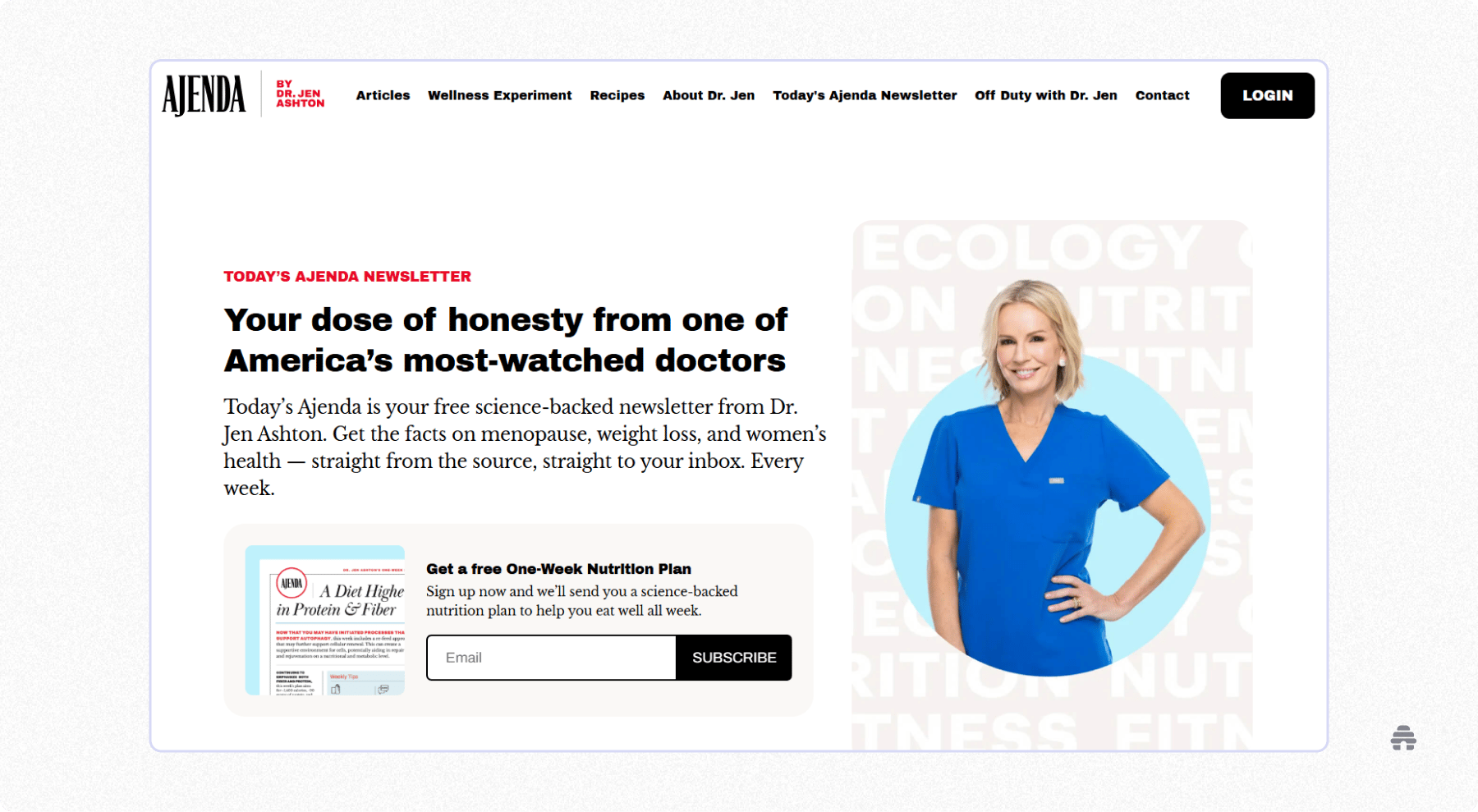 Ajenda’s homepage promoting Dr. Jen Ashton’s free, science-backed newsletter on women’s health, featuring a signup form for a one-week nutrition plan and a portrait of Dr. Ashton