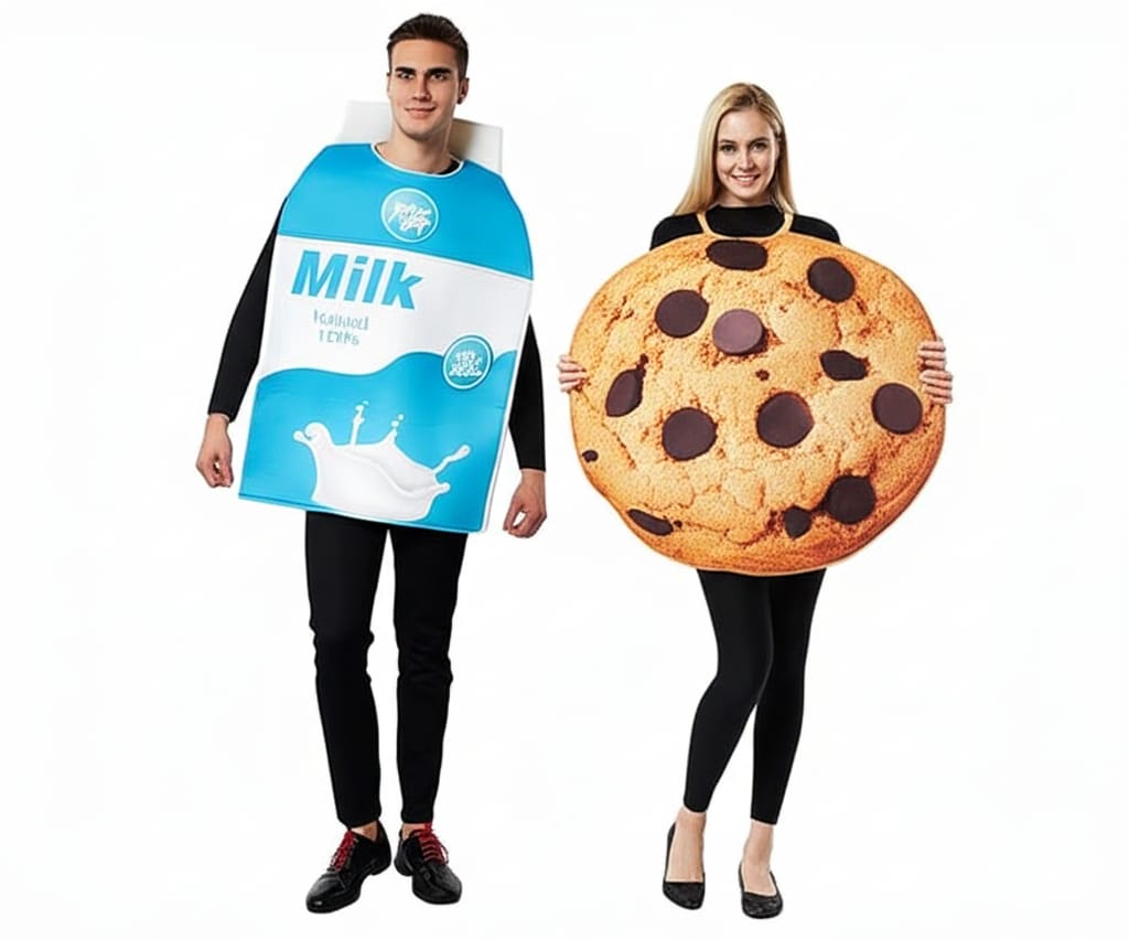 Man in a milk carton costume and woman in a chocolate chip cookie costume smiling, on a solid white background, landscape 16:9 aspect ratio.