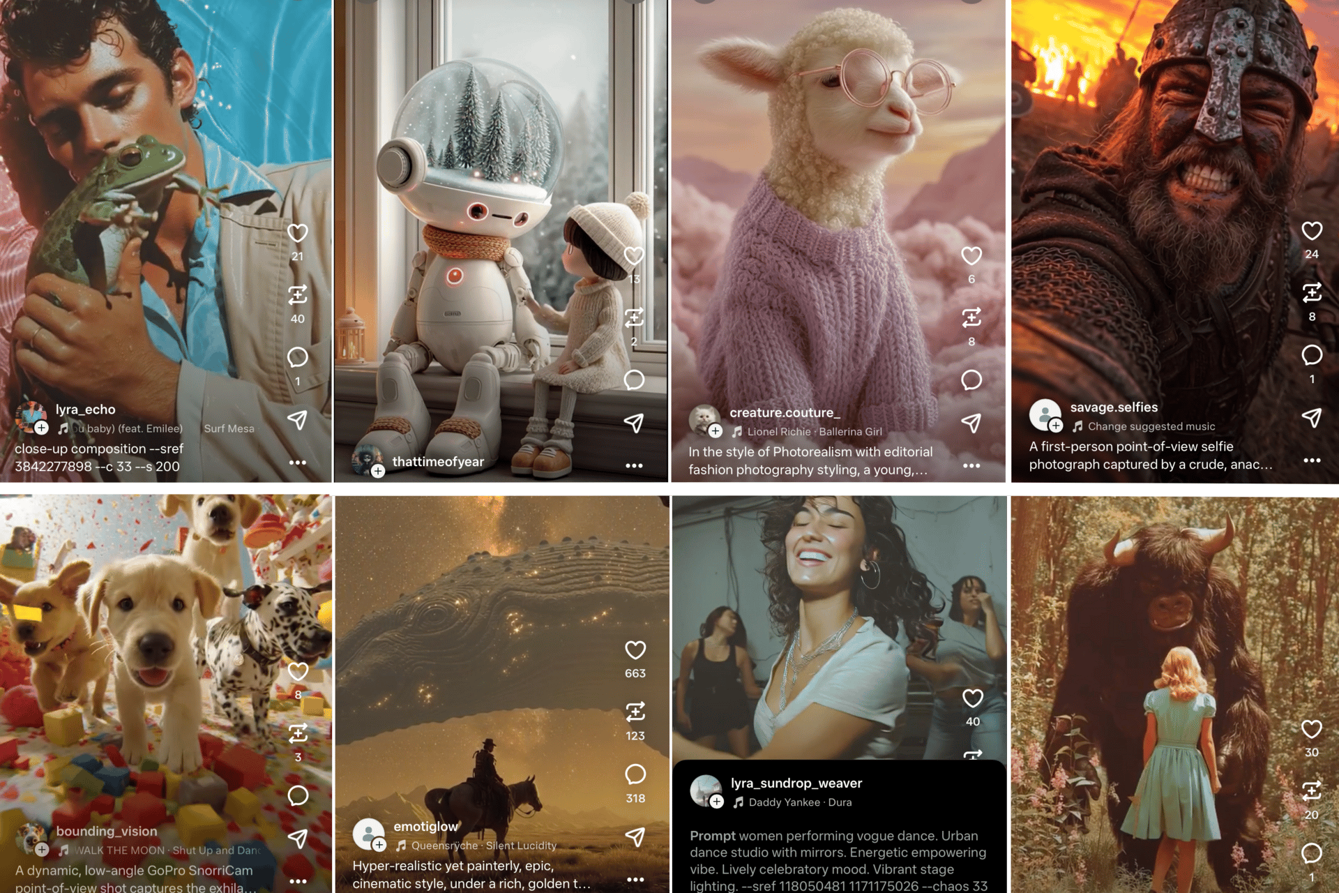 a selection of screenshots from Meta's 'Vibes' app, including: a sexy man in a blazer lying in a swimming pool caressing a frog. christmas scene of a child interacting with robot whose head is a snowglobe. lamb in pink wool jumper, apparently in heaven. gurning bloodsoaked heavy metal viking seemingly having fun. hello? dogs running through dreamscape of party decorations. space whale majestically soaring through starry sky as cowboy on horseback looks up at it from ground level. hello please help I am trapped in this image description. sexy woman dancing soaked in sweat. big where the wild things are style minotaur looking monster interacting with cute slim hourglass figure blonde 1950s woman in mint green dress. please can anyone hear me