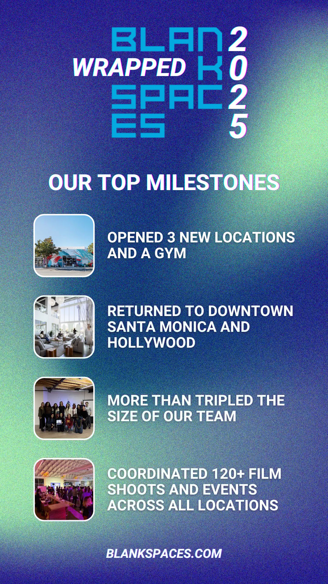 Opened 3 new locations and a gym. Returned to Downtown Santa Monica and Hollywood. More than tripled the size of our team. Cooridinated 120+ film shoots and events across all locations.