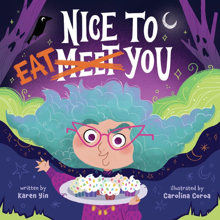 Square book cover with a pink-faced, blue-haired, cat-eye-glasses-wearing old lady holding a platter of cupcakes, her other hand raised in welcome. Behind her, leafless trees with haunted faces scream silently under a crescent moon. The title of "Nice to Eat You" has the word "Eat" written next to the crossed-out word "Meet." 