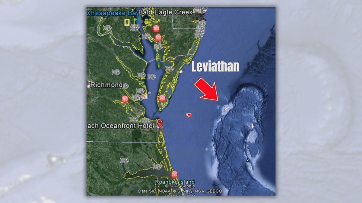 Google Maps image of the coastline of Virginia, specifically Virginia Beach and the eastern shore. On the right side of the map, just off the ocean's continental shelf, is a section of oceanic islands and underwater features photoshopped into the frame to look like a giant snake off of the coast.