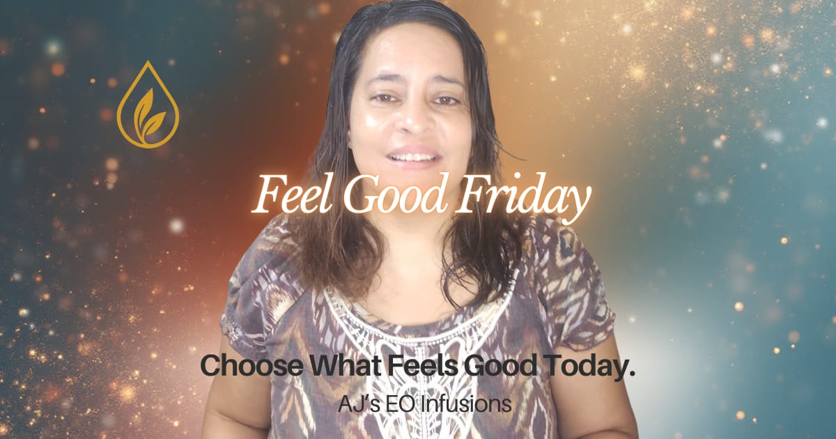 Jenice Story smiling with a soft sparkling background, promoting Feel Good Friday and emotional grounding with AJ’s EO Infusions.