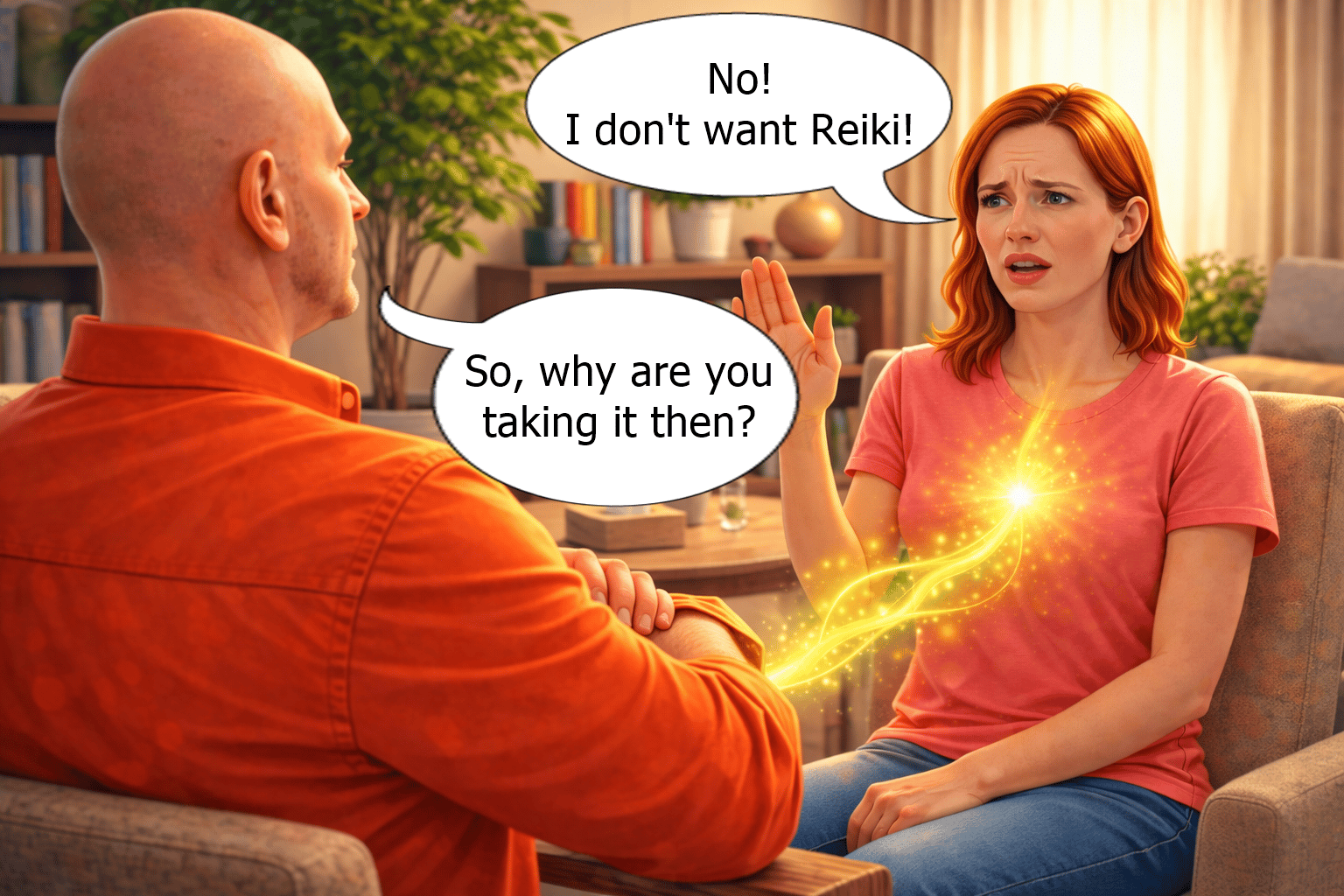 Reiki practitioner giving Reiki to a woman who has refused it.