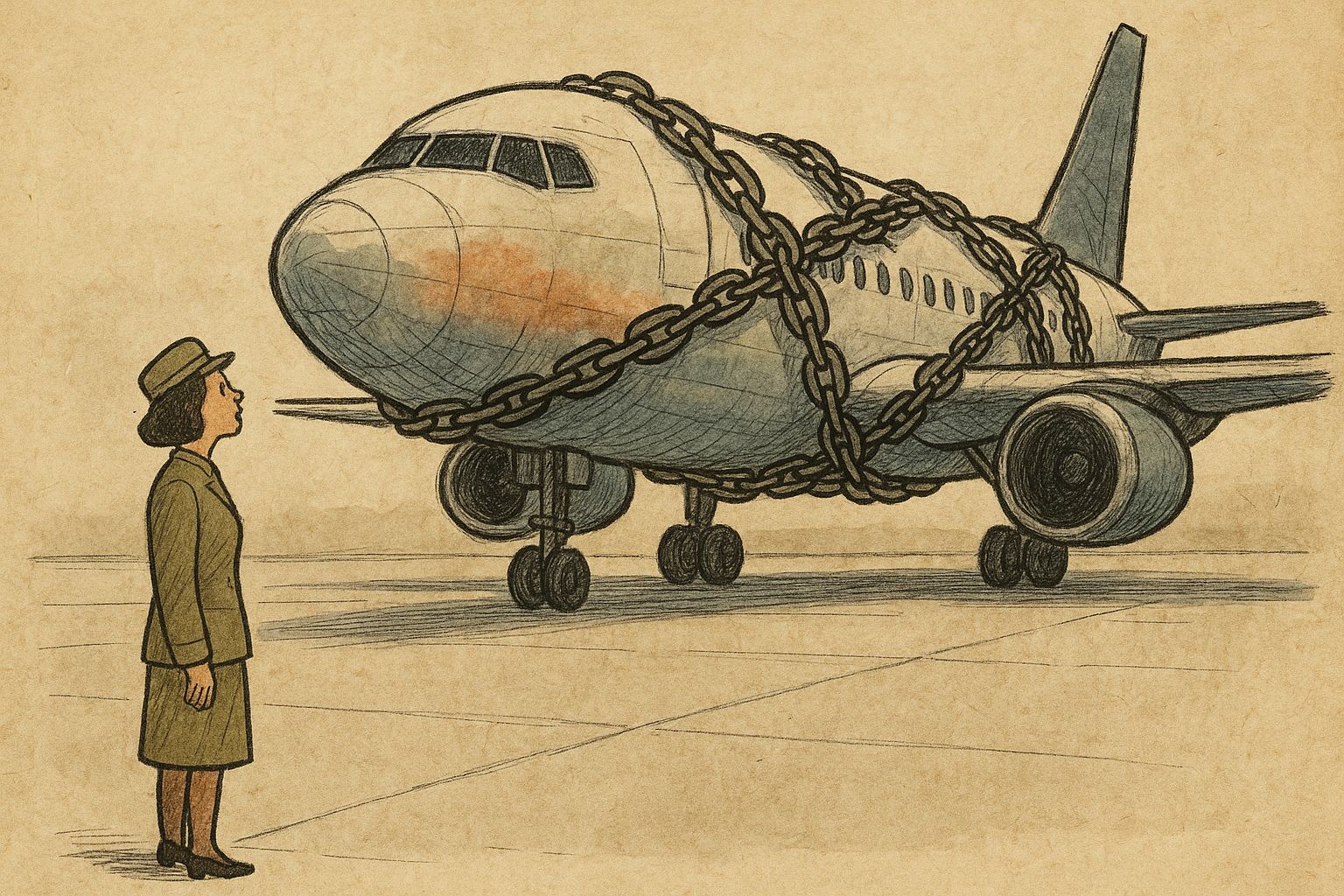 Illustration of a uniformed official standing on the tarmac staring up at a commercial aircraft wrapped in chains