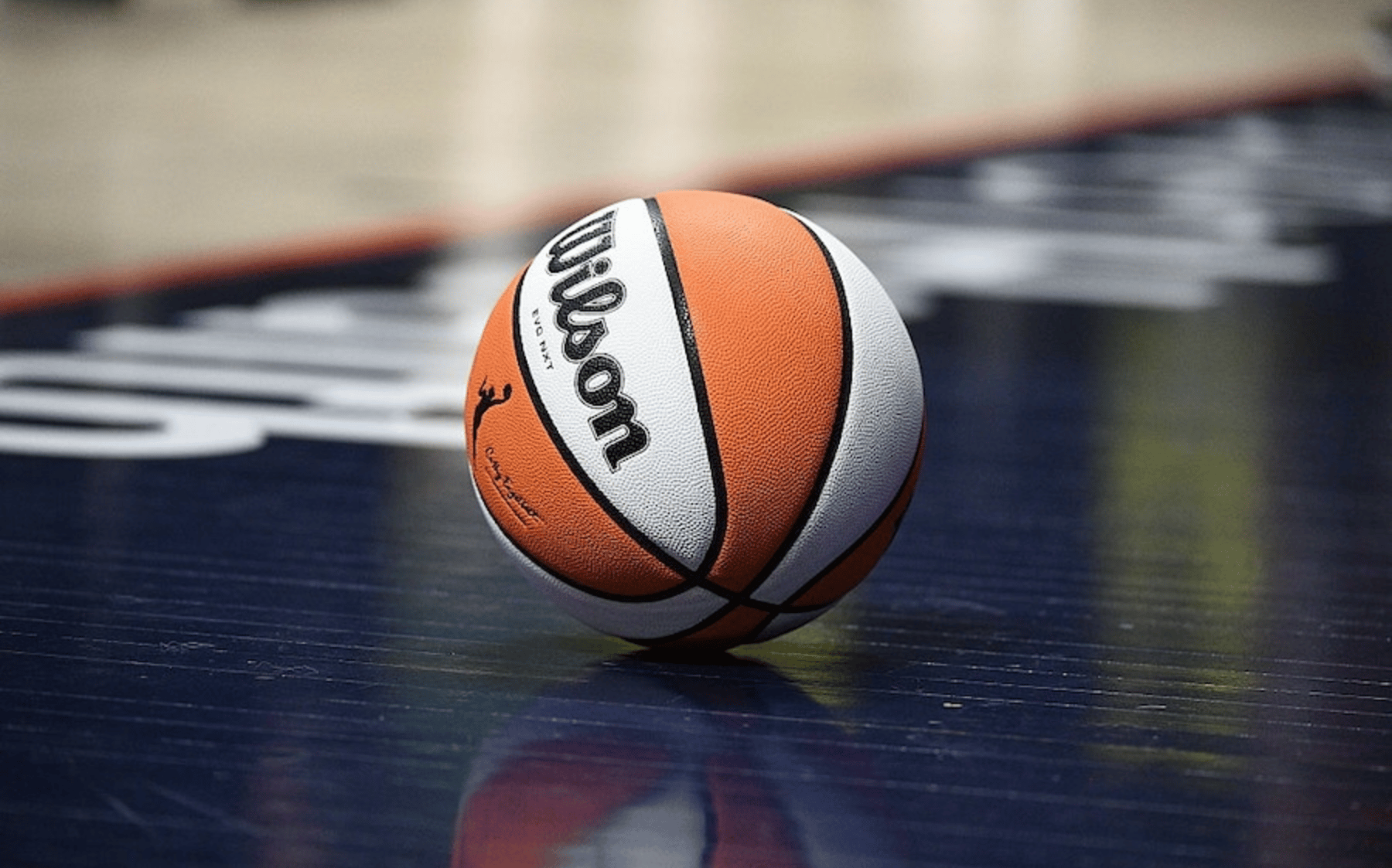 The Wilson logo is seen on an official WNBA game ball during a WNBA game between the Seattle Storm and the Connecticut Sun 