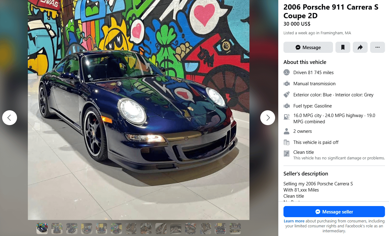 Screenshot of Porsche 997 S listing showing Clean title status, $30,000 asking price, same vehicle photos as previous Rebuilt title listing