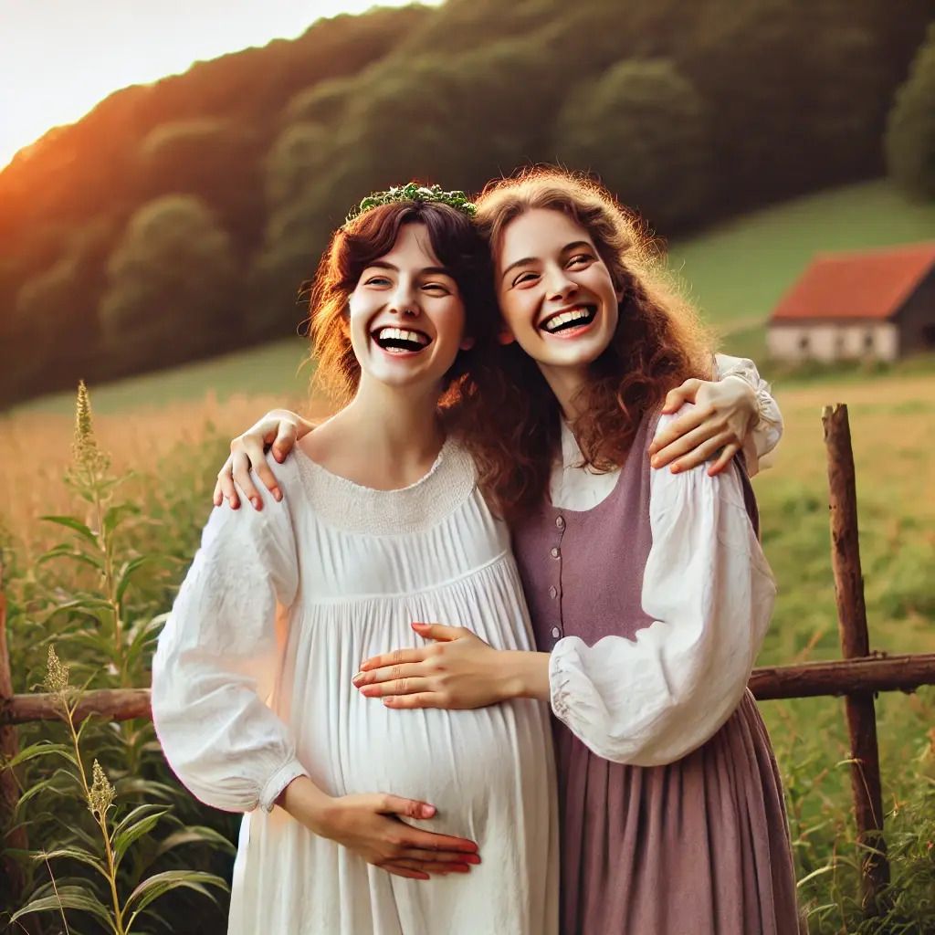 Two women joyfully embracing in a rustic countryside, symbolizing Mary and Elizabeth’s godly fellowship, both visibly pregnant.