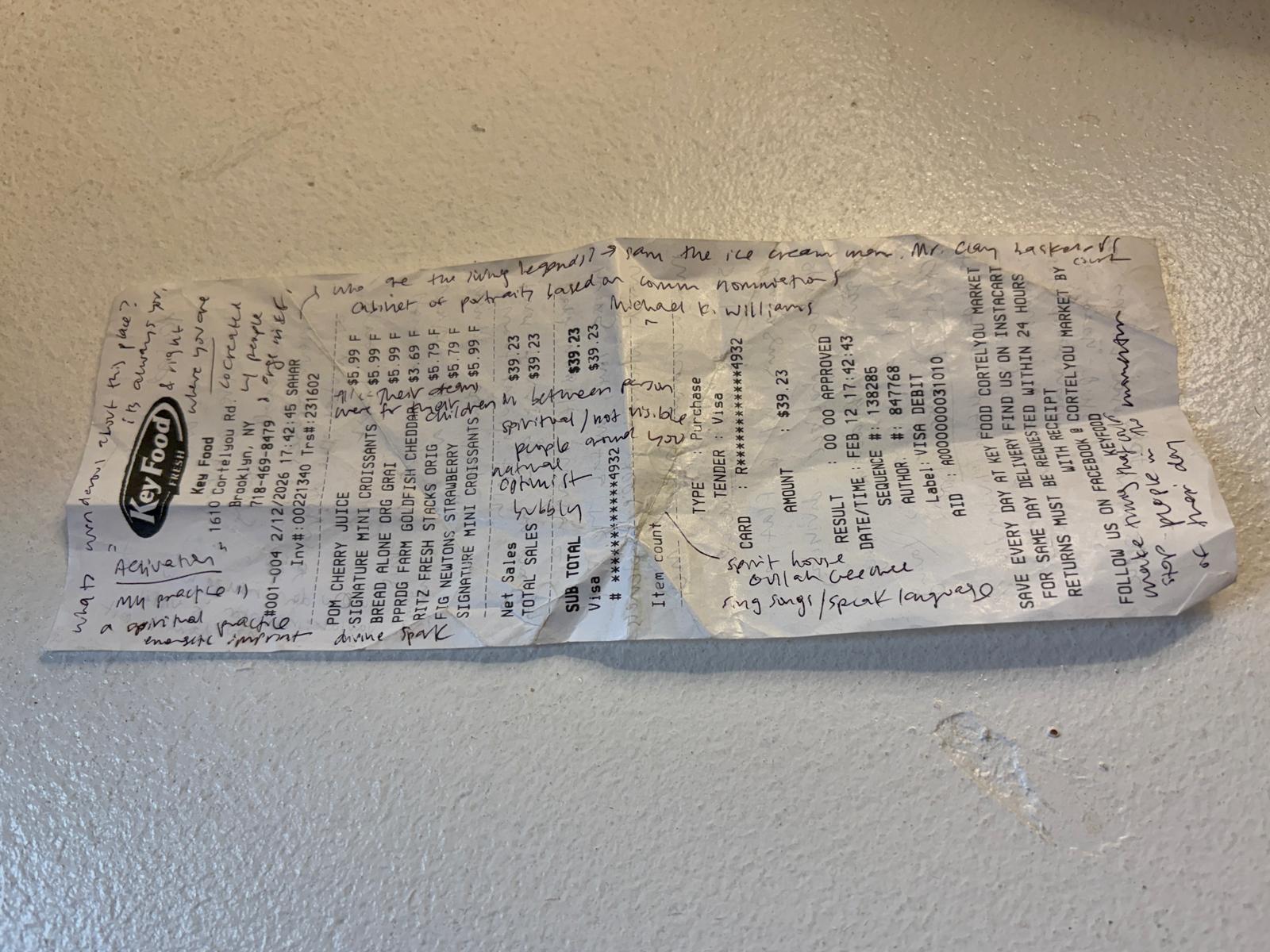 Grocery receipt with handwritten notes in black pen