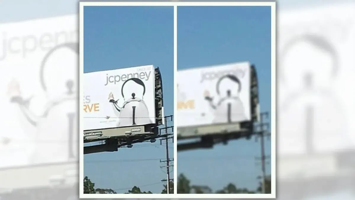 A billboard shows an ad for JCPenny that shows a tea kettle. The left side shows the image clearly, while the right side shows the image blurred.