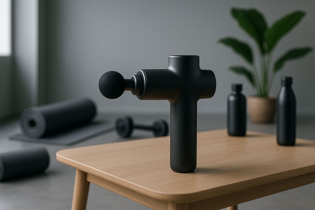 A high-resolution digital photograph features a matte black massage gun positioned upright on a smooth wooden table. Surrounding it are rolled-up black yoga mats, minimalist black water bottles, and a dumbbell, all arranged neatly in a sleek, modern gym setting. In the softly lit background, a large potted green plant adds a calming touch, enhancing the minimalist and serene atmosphere.