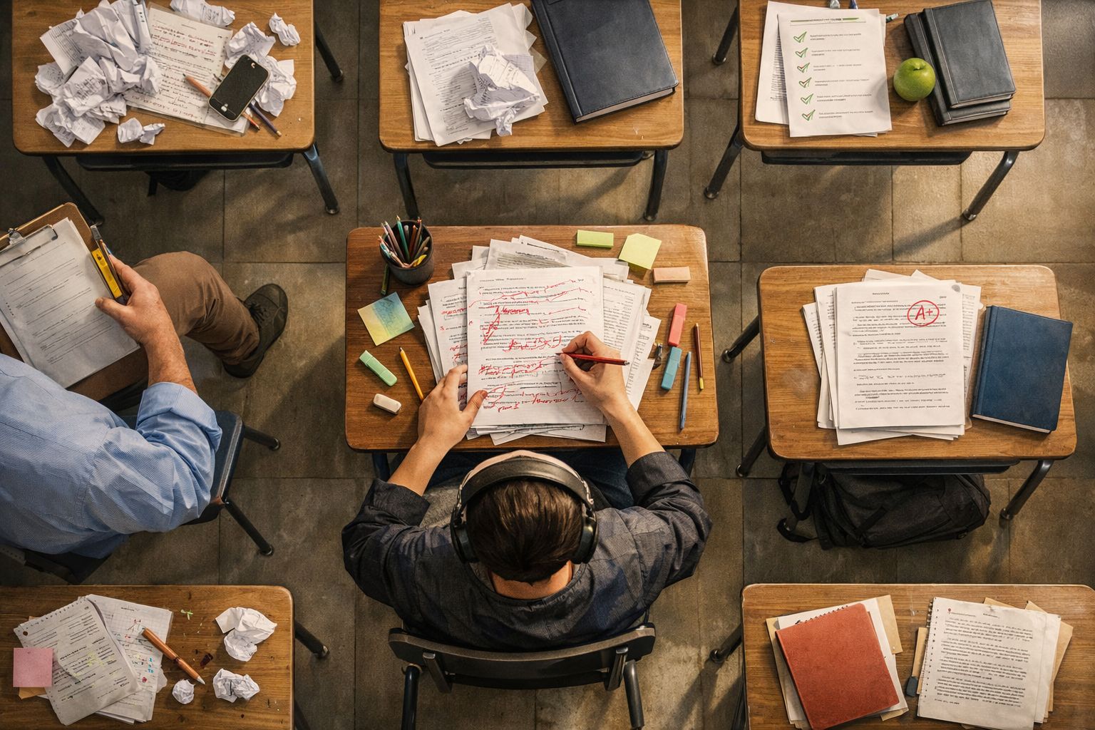 Overhead classroom view showing students at different stages of learning, with one actively revising work at their desk