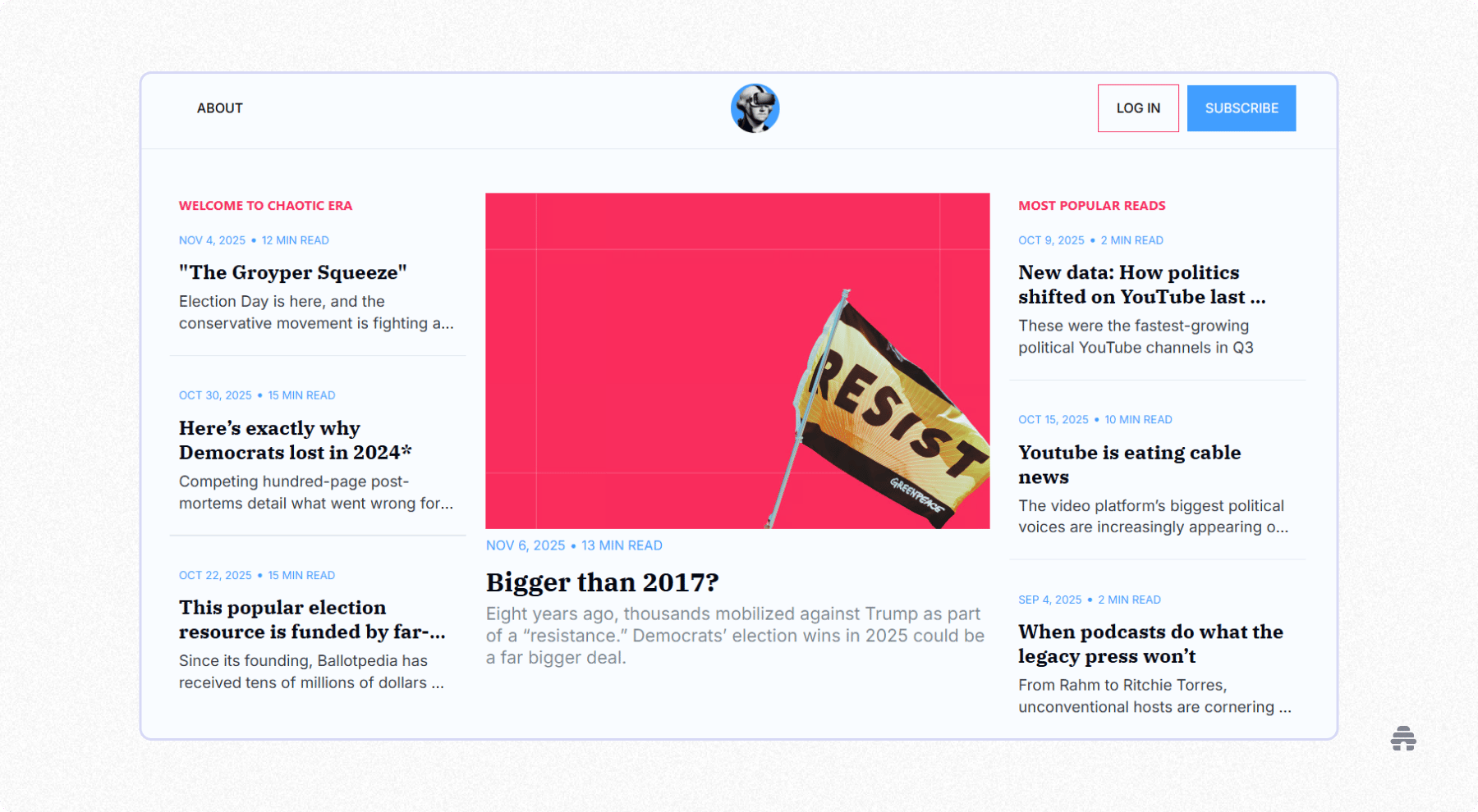 Newsletter homepage featuring political analysis articles, including a main story on resistance movements and top-read posts about elections, YouTube politics, and media trends, with options to log in or subscribe