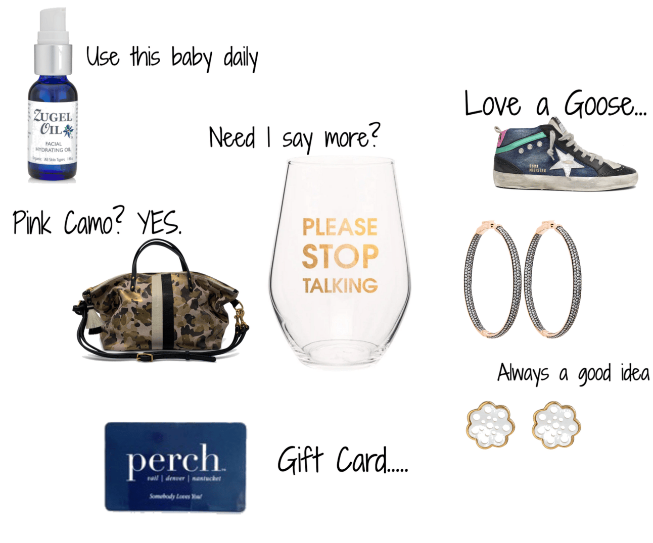 YOUR PERCH GIFTS ARE HERE!!!!!! USE CODE AHSPRING25 !FACE OIL HEREGolden Goose HEREWINE GLASS HEREHOOPS HEREPINK CAMO BAG HEREGARDENIA EARRINGS HEREGIFT CARD HERE