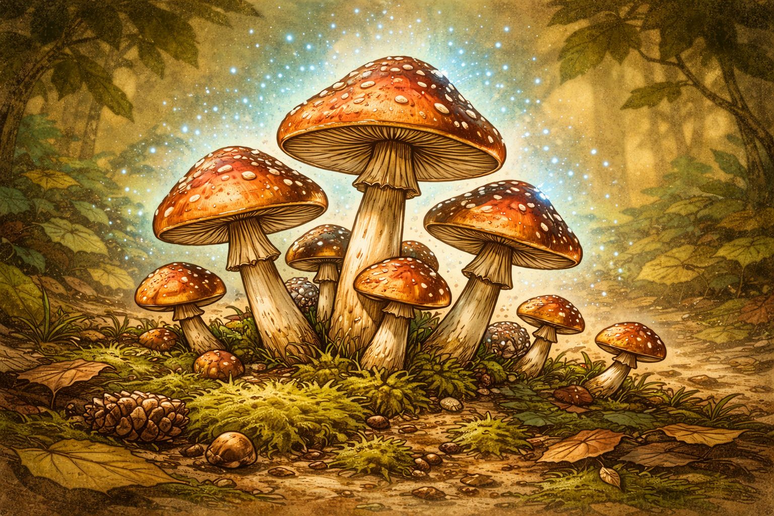 Illustration of wild mushrooms growing on a forest floor, glowing against a starlit backdrop
