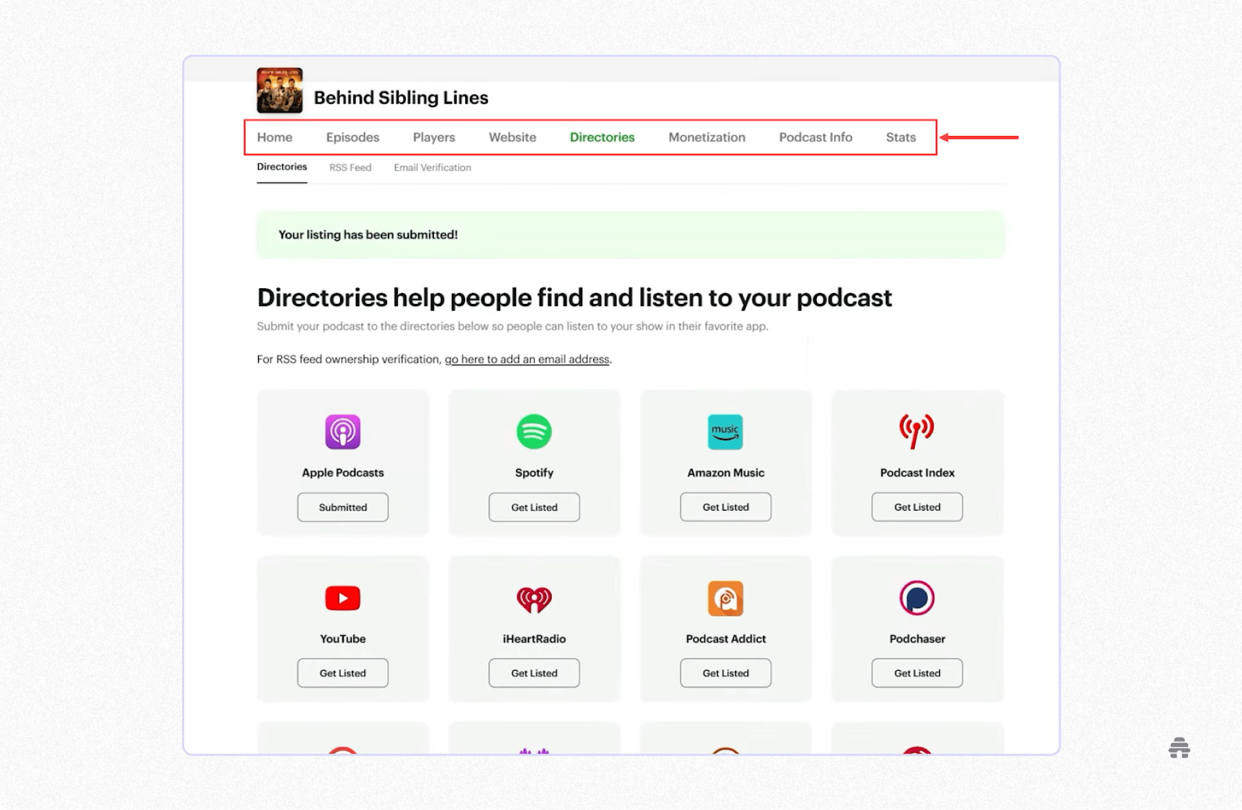 Dashboard view for the podcast “Behind Sibling Lines” showing directory submission options such as Apple Podcasts, Spotify, and Amazon Music, where creators can list their shows to help audiences find and listen across major platforms.