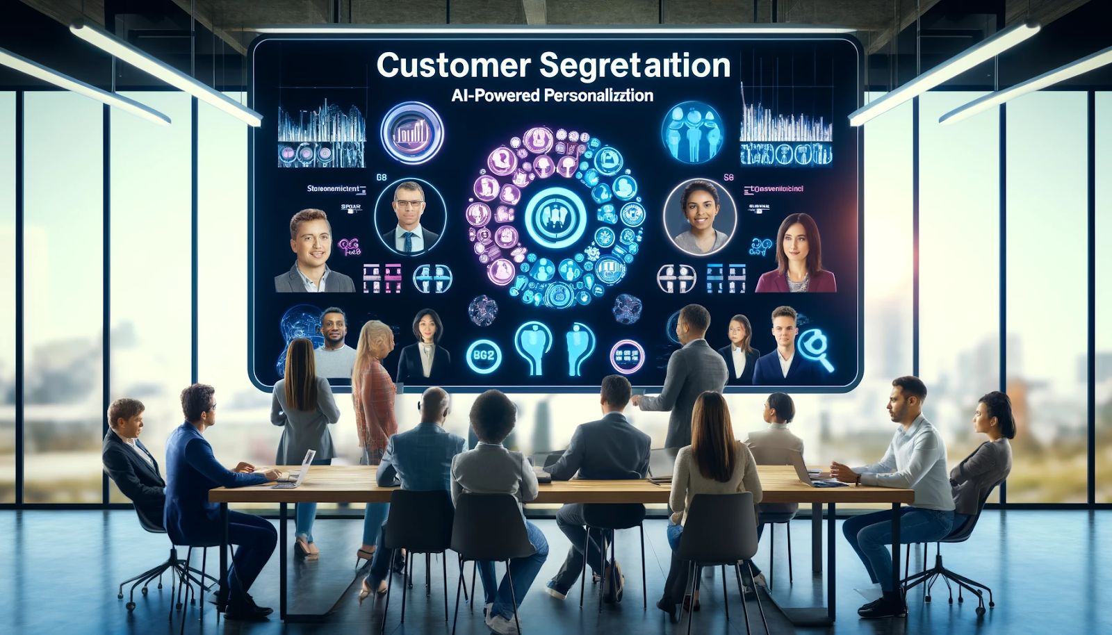 A diverse team of data scientists analyzing customer data on a large digital screen, with visuals of customer demographics and personalized shopping preferences. The screen shows clusters of customers segmented by AI algorithms for personalized marketing strategies. In the background, the words 'Customer Segmentation: AI-Powered Personalization' are prominently displayed.