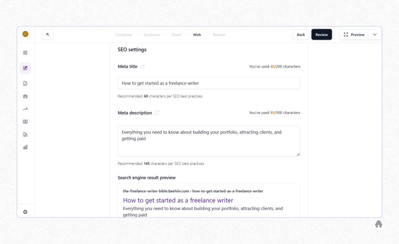 beehiiv SEO settings panel showing fields for meta title, meta description, and search engine result preview for a newsletter article. Illustrates how creators optimize newsletter posts for search visibility using beehiiv’s built-in SEO tools.