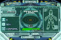 The pause menu includes a map and a sub menu, the latter of which details your infection level, how many enemies you’ve killed, how efficiently you’ve played, the rank awarded for that efficiency, the weapons you have available, and a readout of Jenosa that looks like it belongs in a Mega Man game explaining what new power has been acquired.