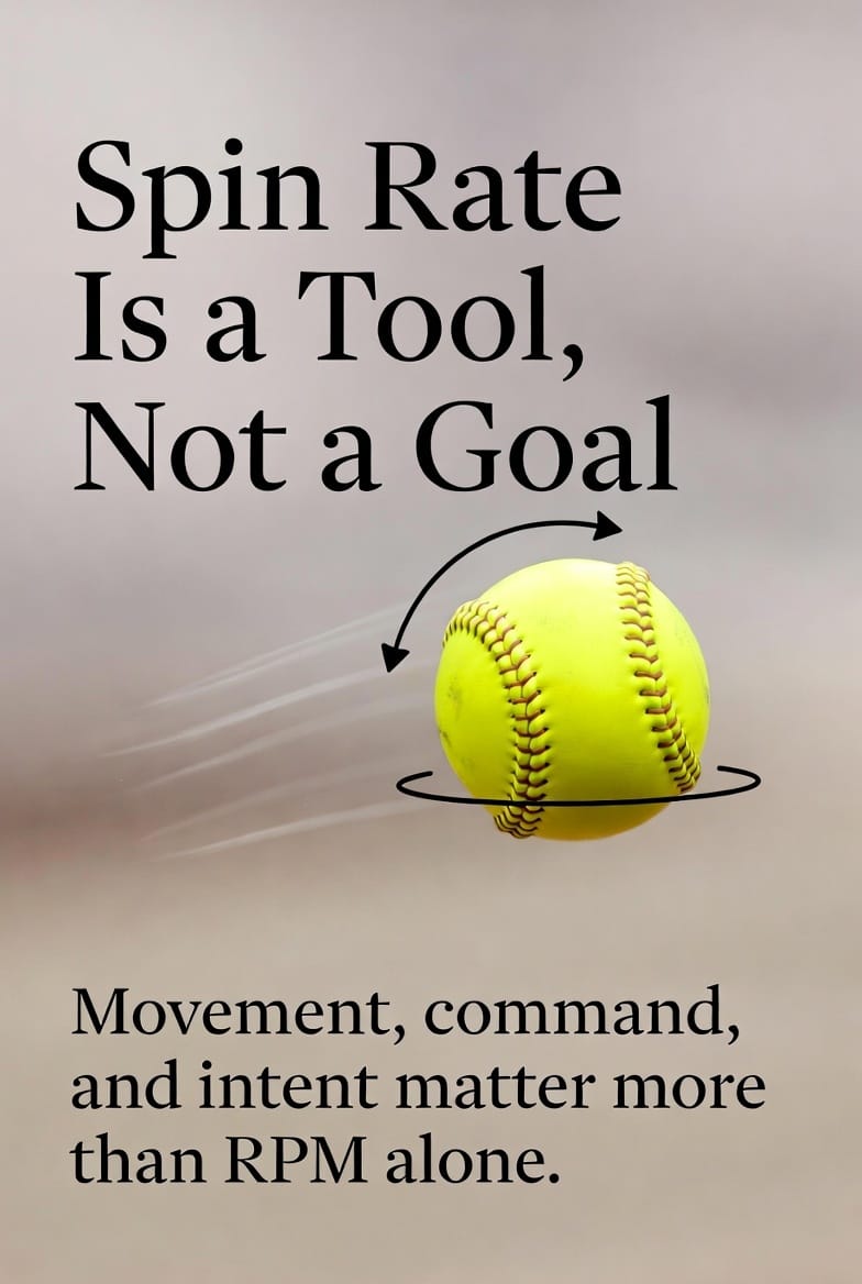 Illustration showing that softball spin rate is a development tool, not the primary goal for effective pitching
