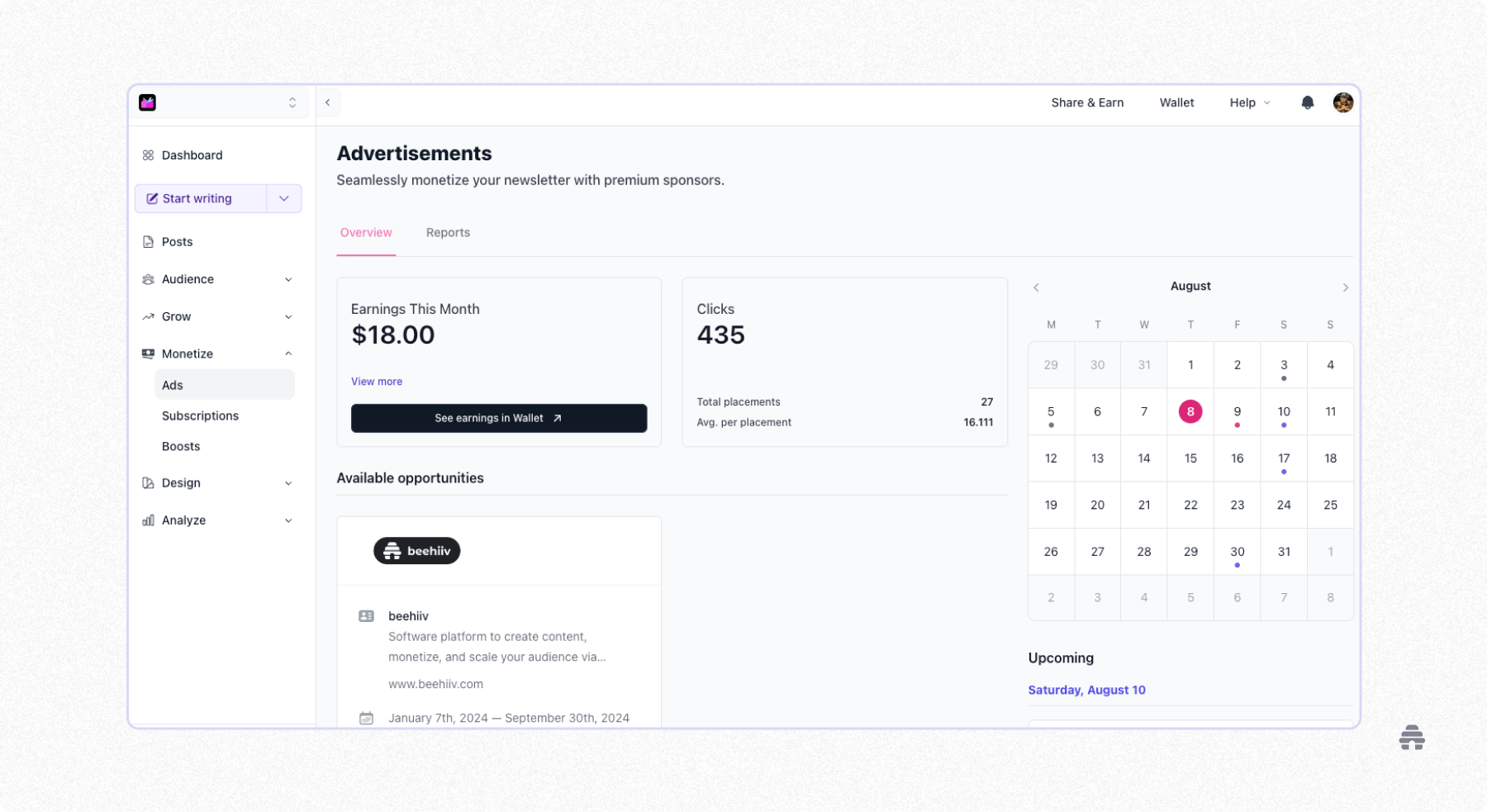 beehiiv advertisements dashboard showing newsletter ad earnings, clicks, and available sponsorship opportunities with a calendar view. Illustrates how creators track ad performance and monetize newsletters directly within beehiiv.