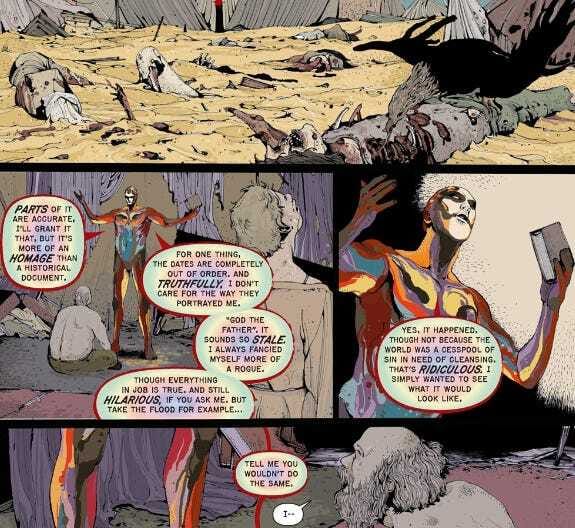 several frames from Next Testament in which Wick tells Julian the real story behind the Bible