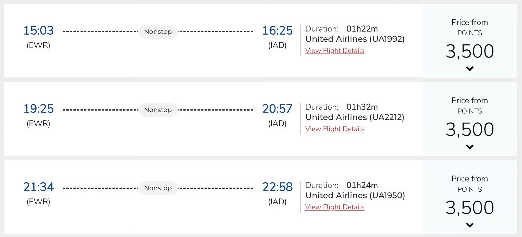 Newark to Washington, D.C. on United for 3,500 Air India points