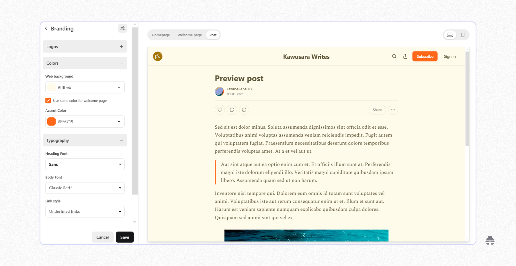 beehiiv branding settings panel showing a creator customizing newsletter colors, fonts, and layout with a live preview of a post page.