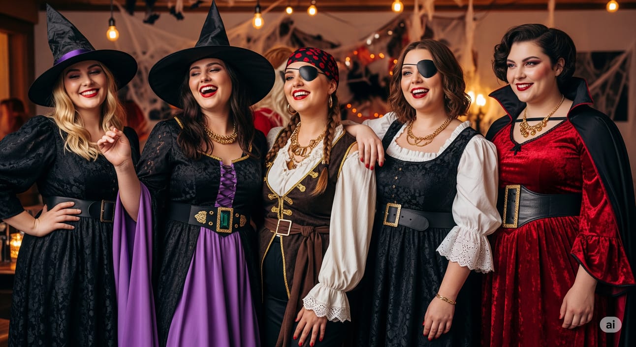 A 16:9 image showing several plus-size women dressed in stylish Halloween costumes, such as witches, pirates, and vampires. They are posing confidently and enjoying themselves at a Halloween party.