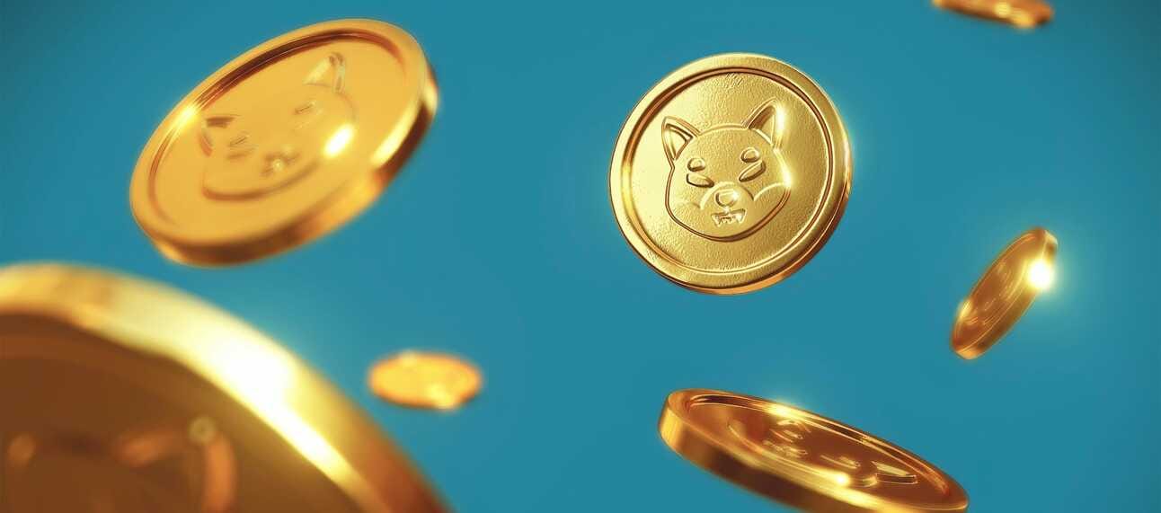 Golden coins falling on a blue background.