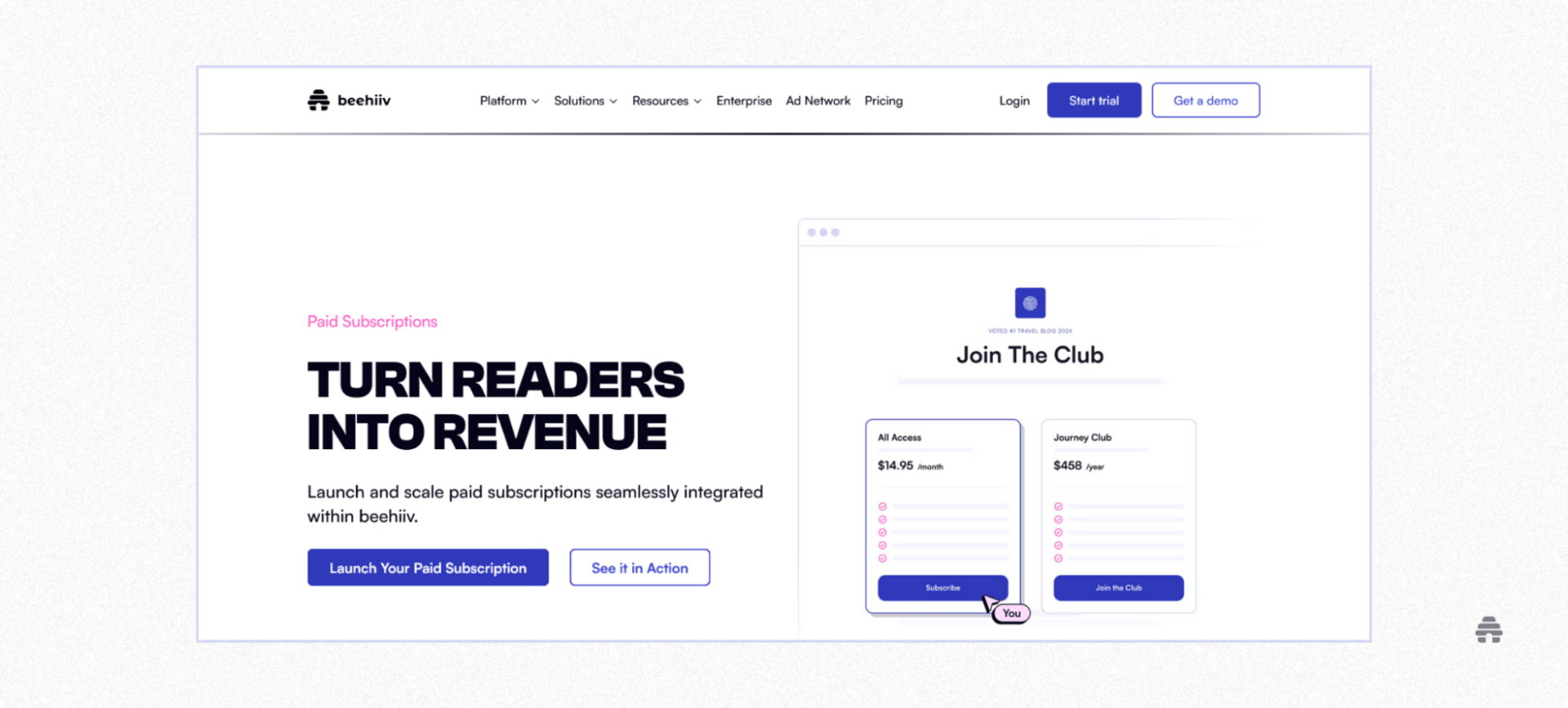 beehiiv landing page promoting paid subscriptions with the headline “Turn Readers Into Revenue,” encouraging creators to launch and scale paid newsletters; includes sample pricing tiers titled “Join The Club” with monthly and annual subscription options.