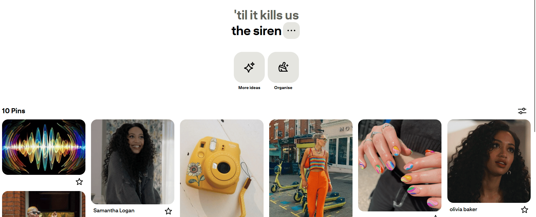 A pinterest board labelled "The Siren", featuring a variety of images. These include a colourful outfit and nails, black women with long curly hair, and an artistic representation of sound.