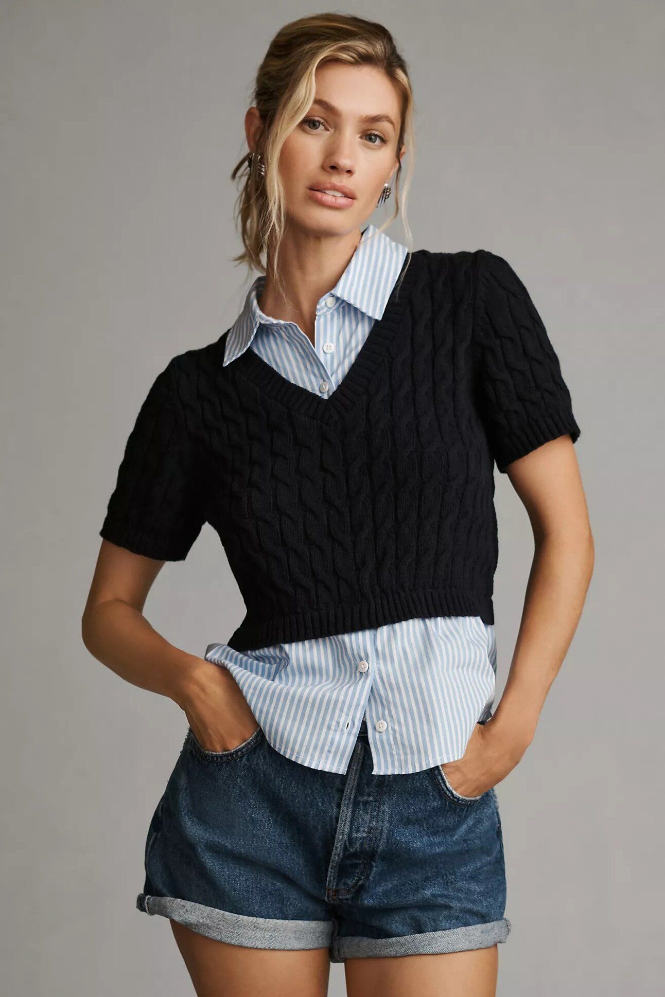 Click for more info about Maeve Cable Short-Sleeve Twofer Sweater