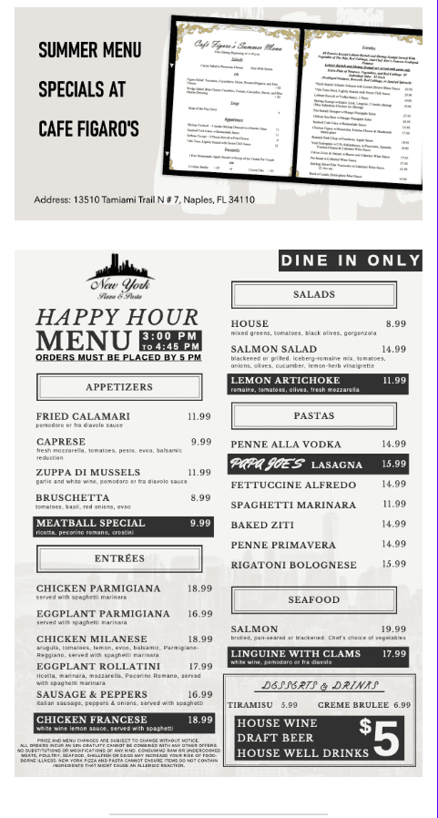 A menu of the new york restaurant