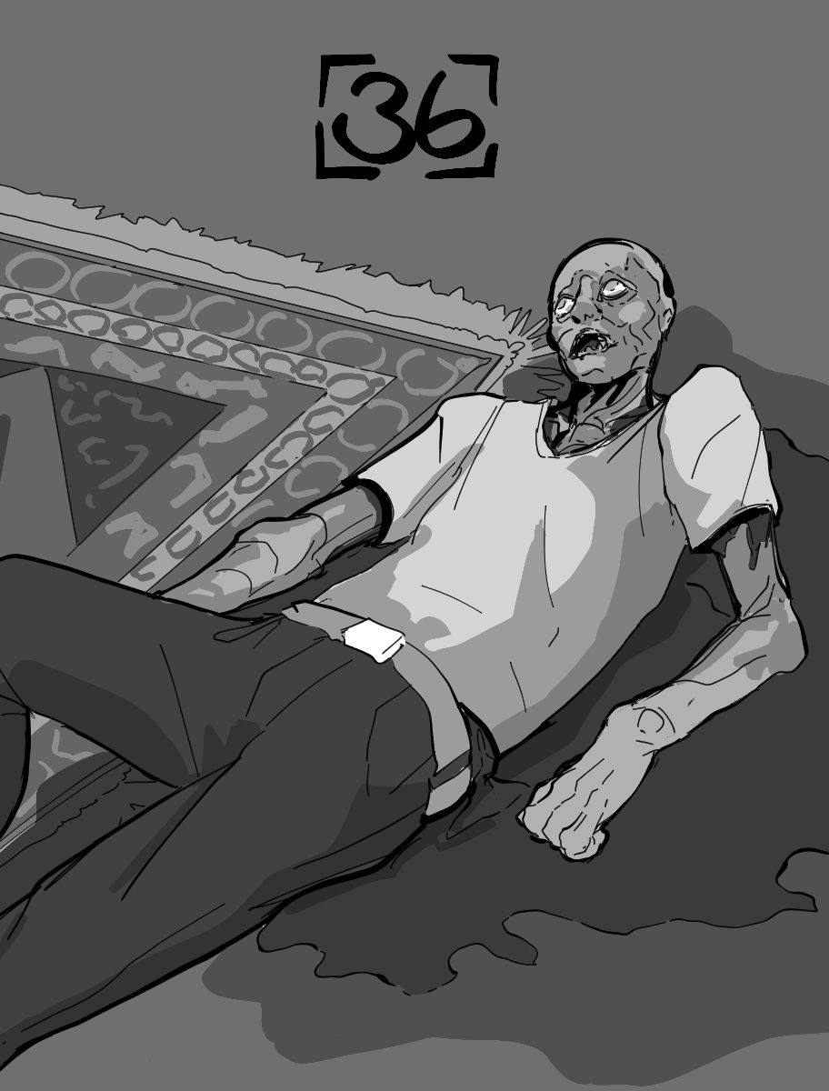 Desenho monocromático. A imagem mostra um tapete no chão, e ao lado dele um cadáver em estágio avançado de decomposição. No canto inferior direito do desenho há o número trinta e seis para indicar o capítulo.