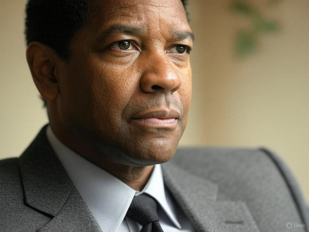 A portrait of Denzel Washington wearing a grey suit, white dress shirt, and black tie, sitting against a neutral background with soft lighting. The setting includes a blurred view of a window and some greenery in the distance.