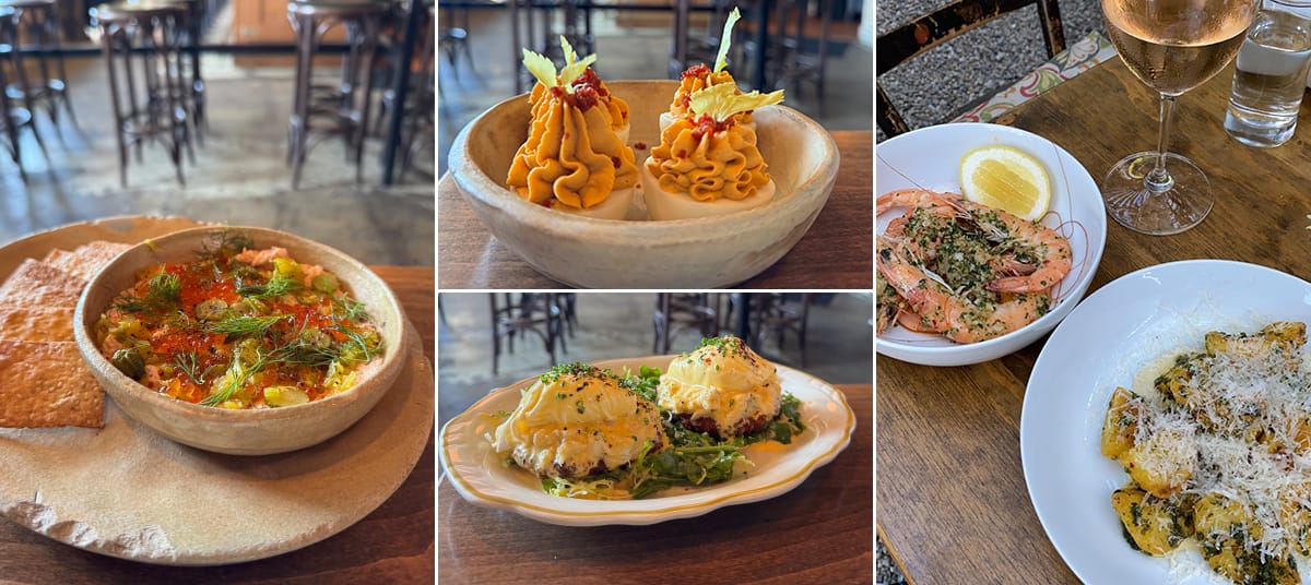 Selection of dishes from Hatchet Hall in Culver City including deviled eggs, smoked trout dip, shrimps, and crab benedict