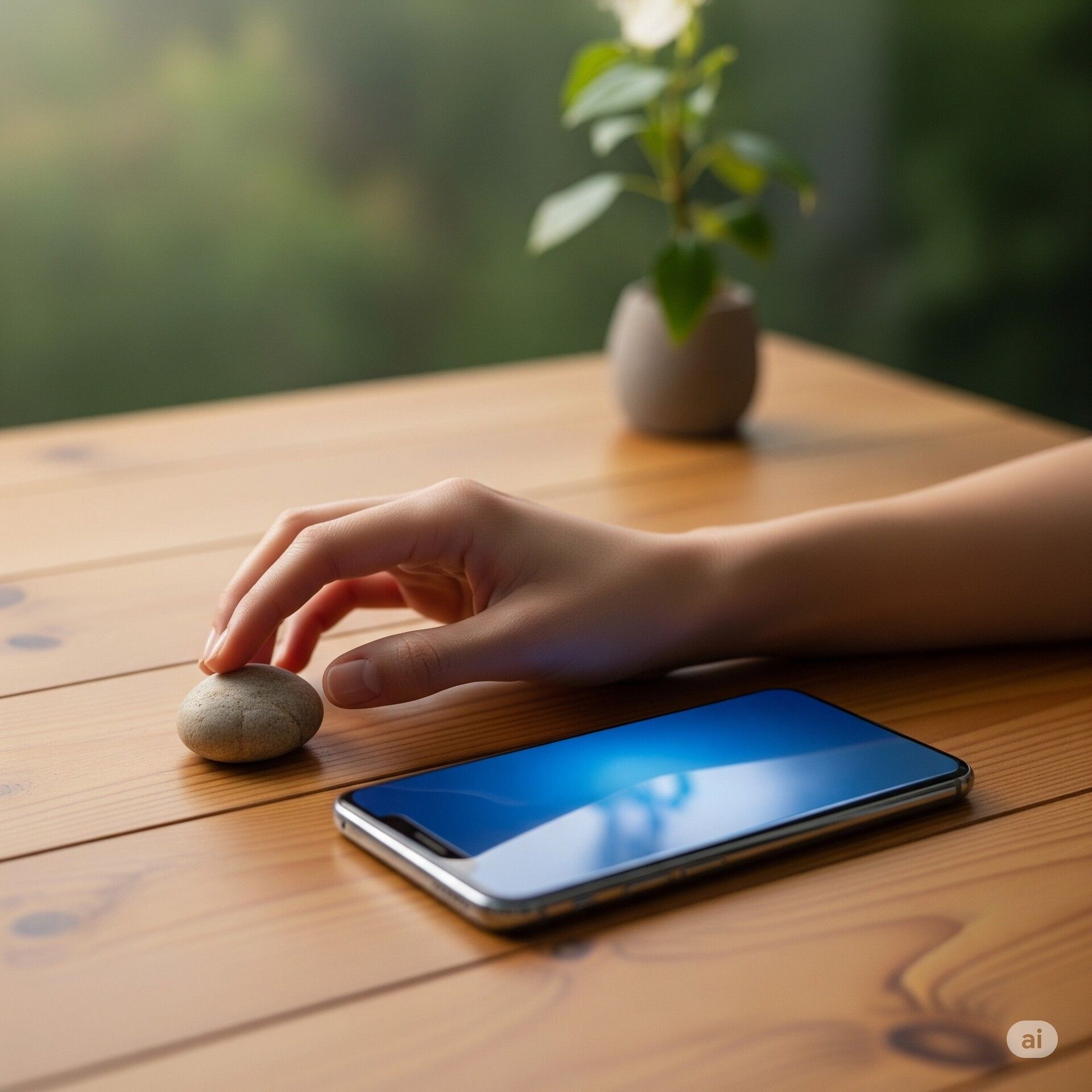 Une main posée sur un bureau en bois, choisissant de toucher un galet lisse plutôt que le smartphone posé à côté, symbolisant le choix de la présence.