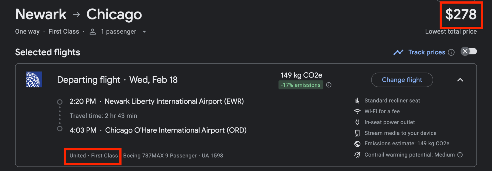 Newark to Chicago for $278 in first class