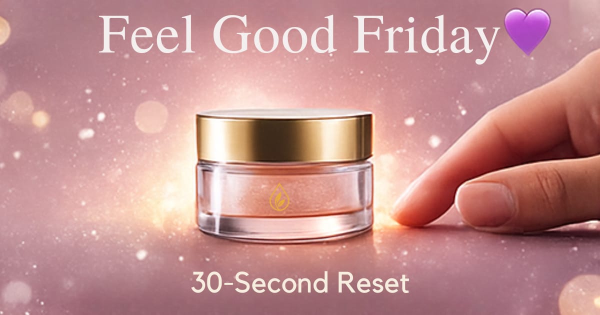 A soft, glowing image of AJ's EO Infusions Lip Butter Scrub centered in warm light, representing a calming 30-second emotional reset.