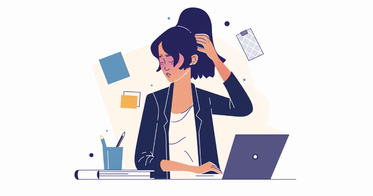 ChatGPT said: A stressed person sits at a desk with a laptop, rubbing their head while surrounded by scattered notes and office supplies.