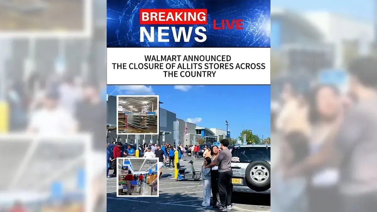 A graphic shows people standing outside a large building. At the top, large text says, "BREAKING NEWS LIVE." Below, black text says, "WALMART ANNOUNCED THE CLOSURE OF ALLITS STORES ACROSS THE COUNTRY."